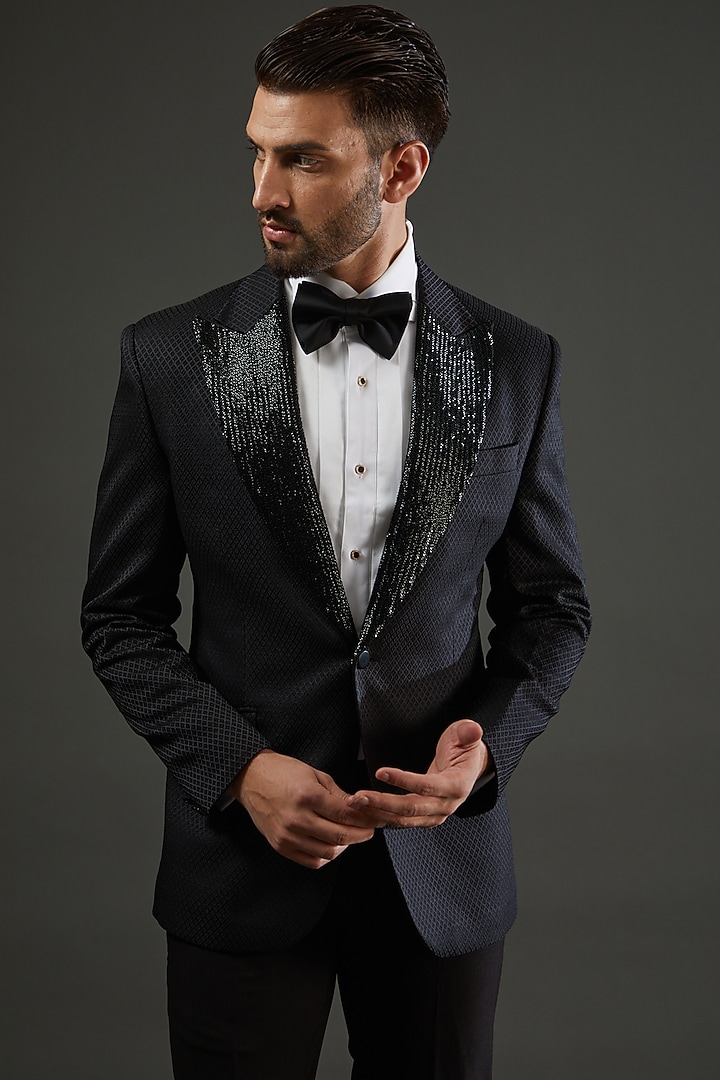 Black Jacquard Embroidered Tuxedo Set by AMIT ARORA at Pernia's Pop Up Shop