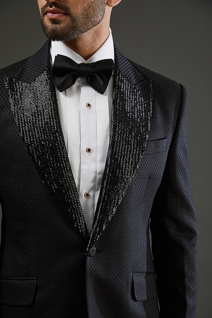 Black Jacquard Embroidered Tuxedo Set by AMIT ARORA at Pernia's Pop Up Shop