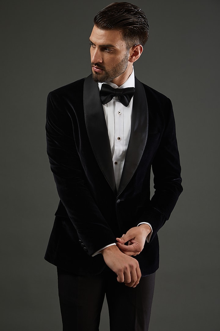 Black Cotton Velvet Tuxedo Set by AMIT ARORA at Pernia's Pop Up Shop