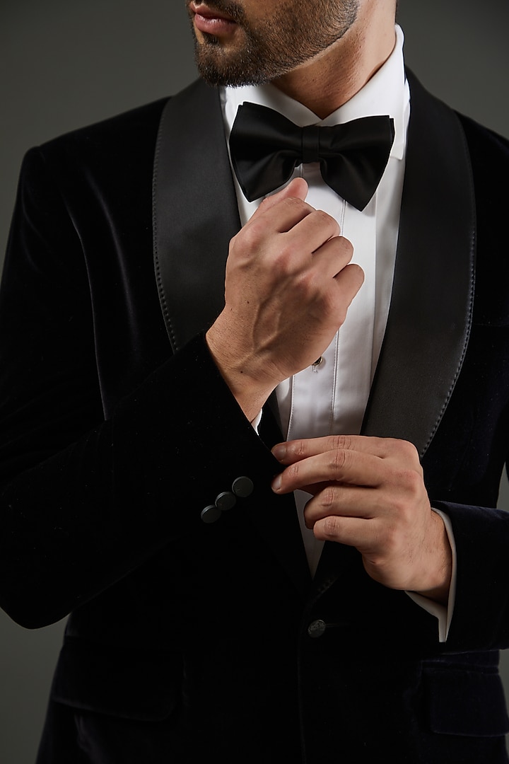 Black Cotton Velvet Tuxedo Set by AMIT ARORA at Pernia's Pop Up Shop