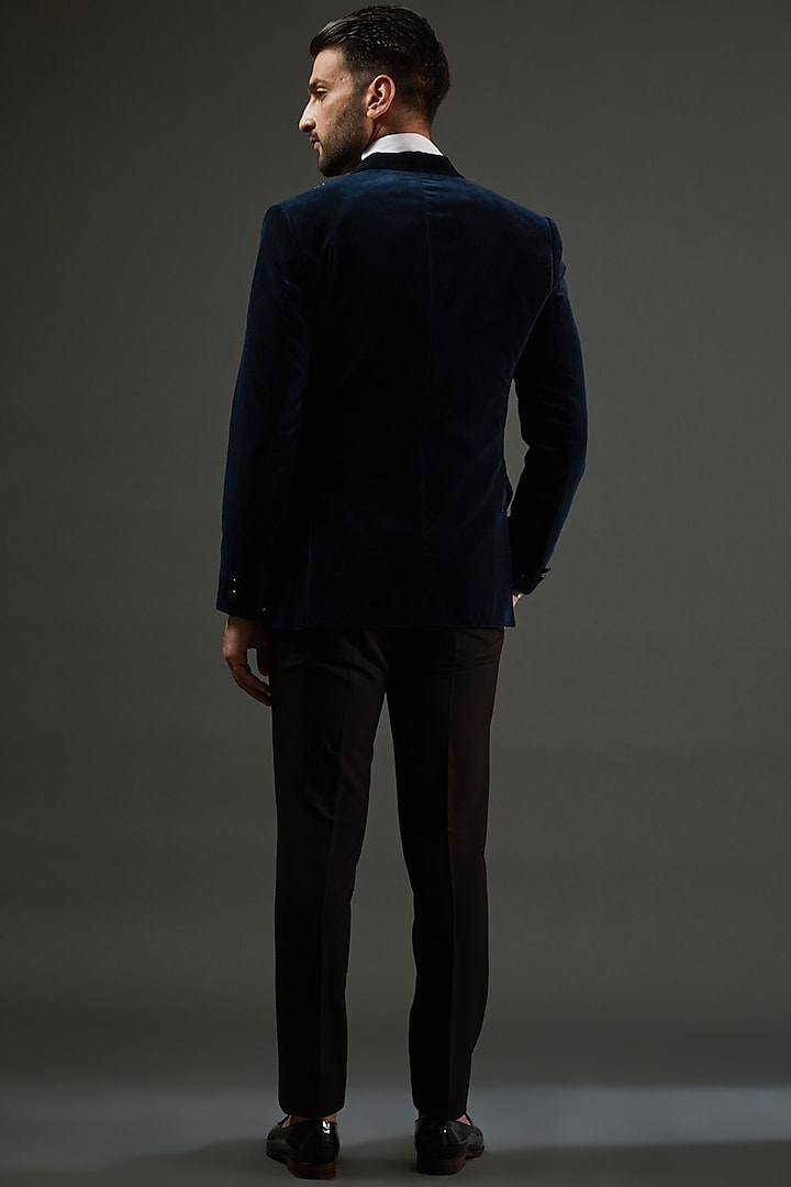 Blue Cotton Velvet Embroidered Tuxedo Set by AMIT ARORA at Pernia's Pop Up Shop