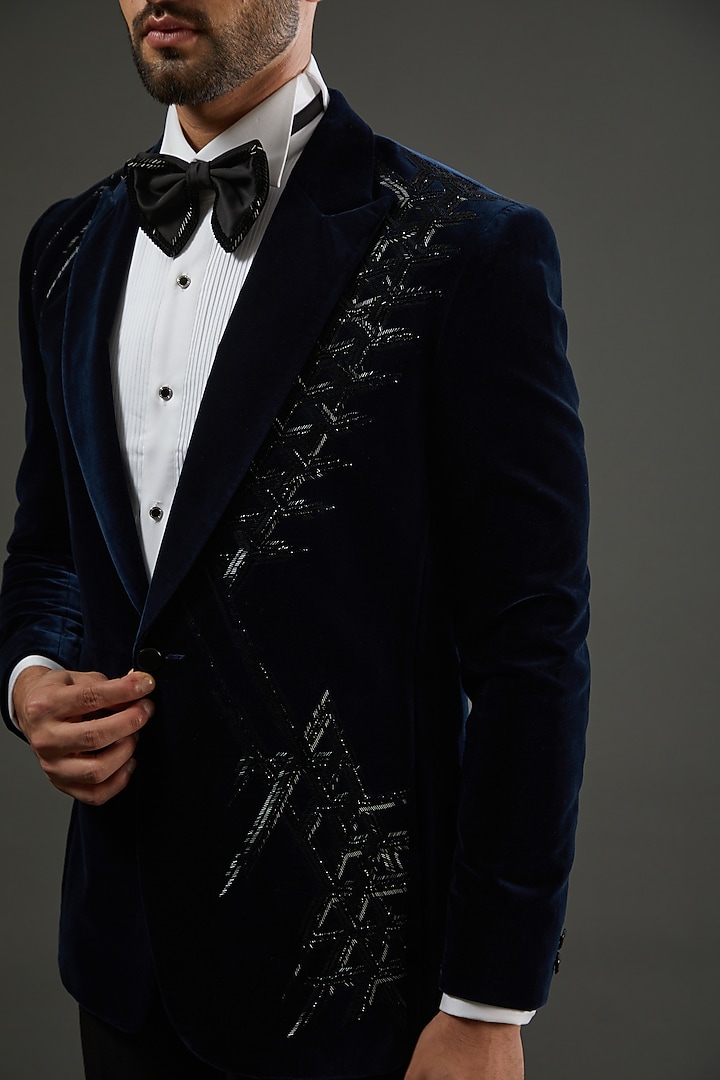 Blue Cotton Velvet Embroidered Tuxedo Set by AMIT ARORA at Pernia's Pop Up Shop