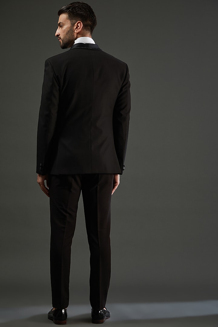 Black Poly Wool Tuxedo Set by AMIT ARORA at Pernia's Pop Up Shop