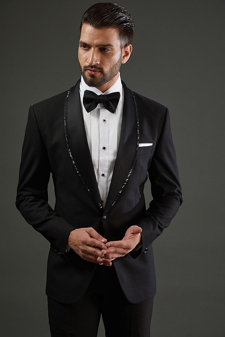 Black Poly Wool Tuxedo Set by AMIT ARORA at Pernia's Pop Up Shop