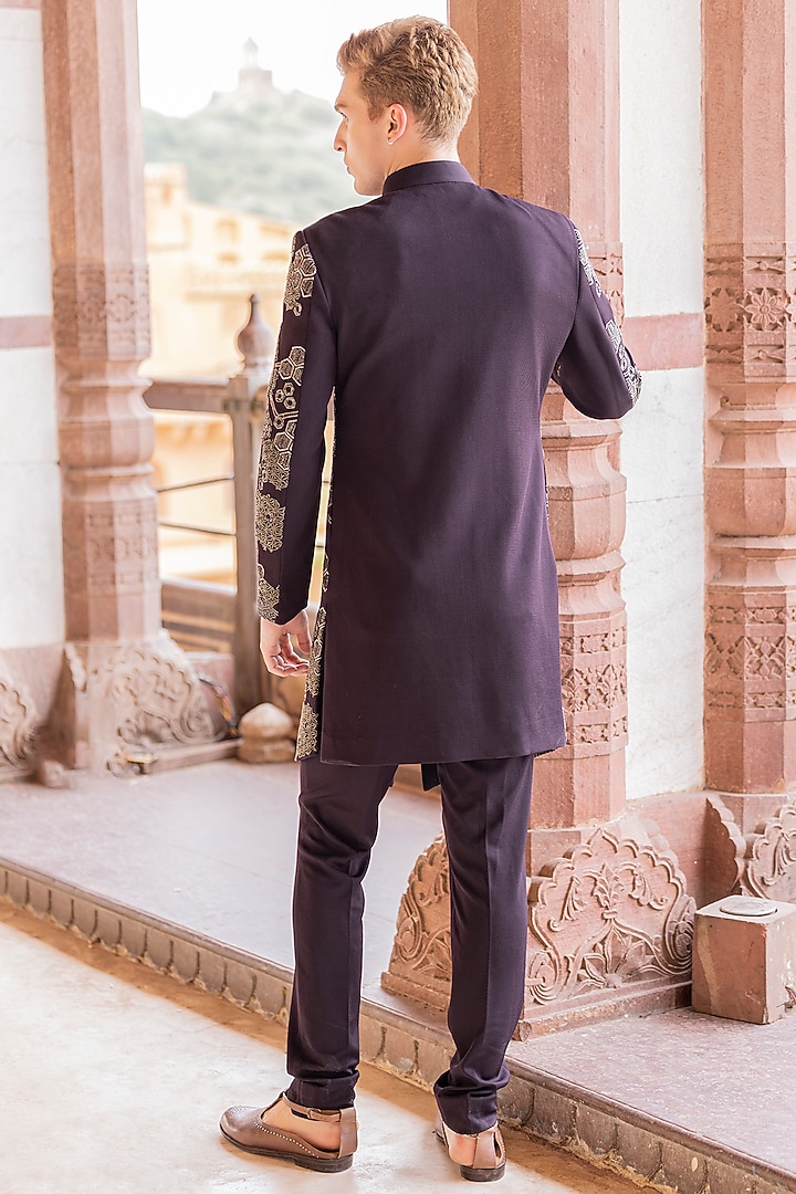 Wine Knit Hand Embroidered Wedding Indowestern Set by AMIT ARORA at Pernia's Pop Up Shop