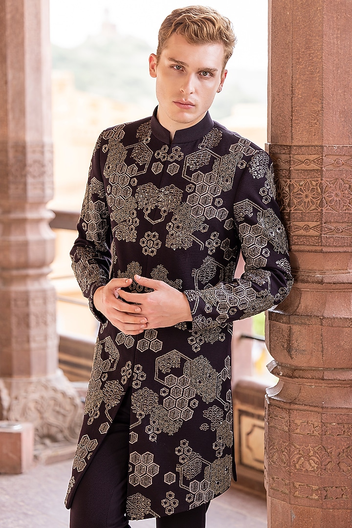 Wine Knit Hand Embroidered Wedding Indowestern Set by AMIT ARORA at Pernia's Pop Up Shop