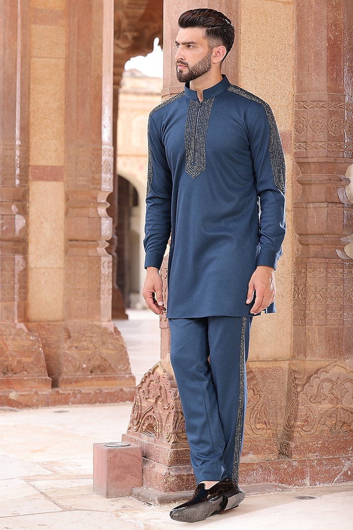 Turquoise Lycra Knit Hand Embroidered Kurta Set by AMIT ARORA