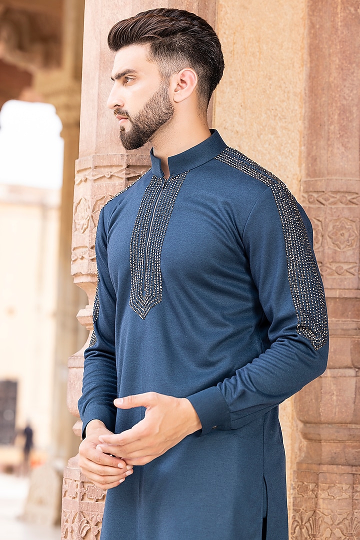 Turquoise Lycra Knit Hand Embroidered Kurta Set by AMIT ARORA at Pernia's Pop Up Shop