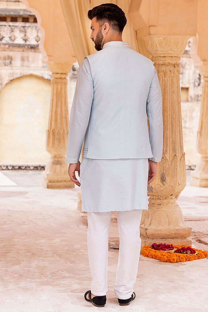 Sky Blue Moonga Silk Wedding Indowestern Jacket Set by AMIT ARORA at Pernia's Pop Up Shop