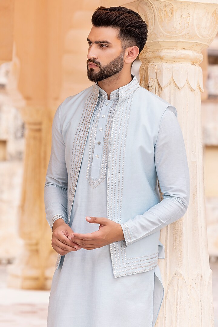 Sky Blue Moonga Silk Wedding Indowestern Jacket Set by AMIT ARORA at Pernia's Pop Up Shop
