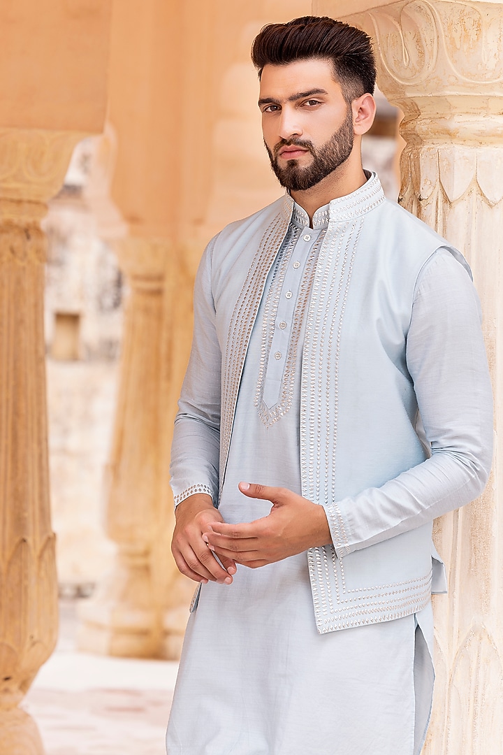 Sky Blue Moonga Silk Wedding Indowestern Jacket Set by AMIT ARORA at Pernia's Pop Up Shop