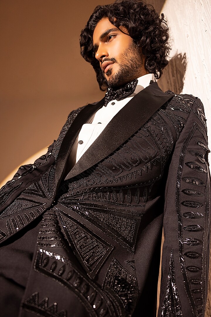 Black Knit Embroidered Tuxedo Set by AMIT ARORA at Pernia's Pop Up Shop