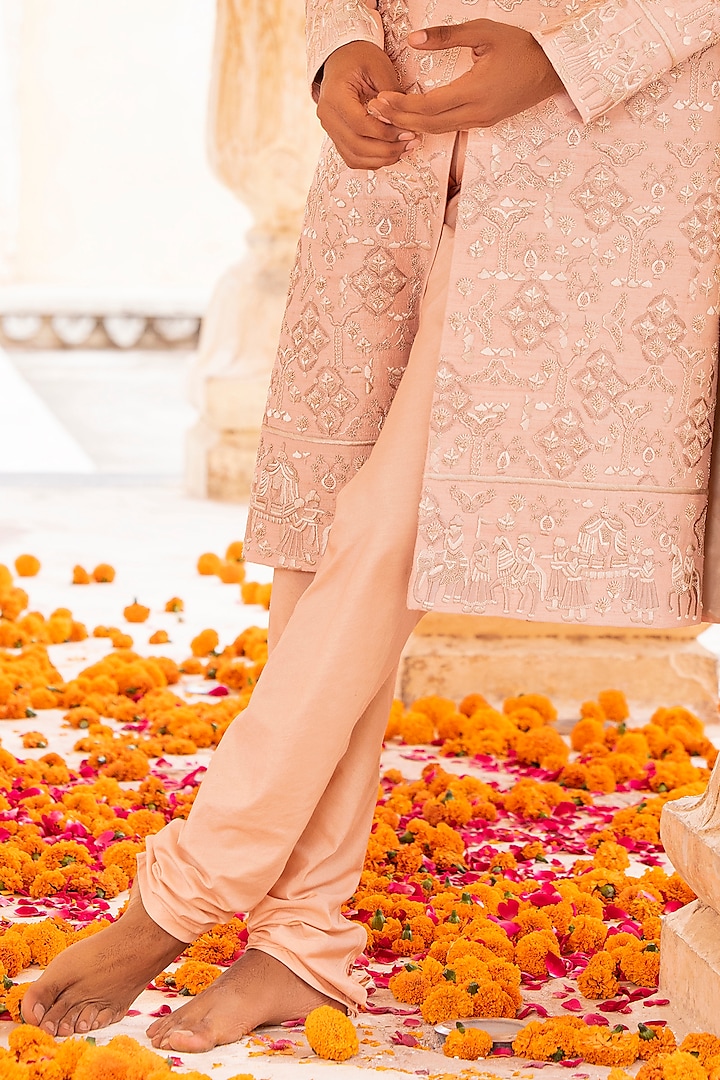 Pink Raw Silk Hand Embroidered Groom Sherwani Set by AMIT ARORA at Pernia's Pop Up Shop