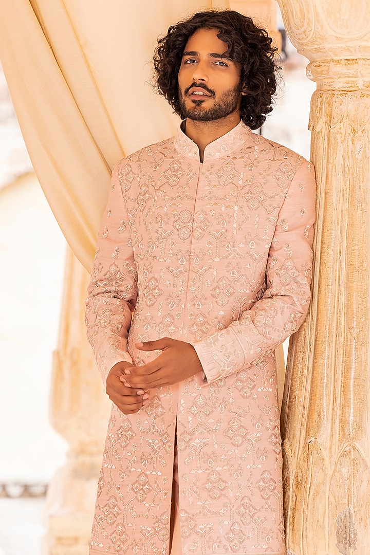 Pink Raw Silk Hand Embroidered Groom Sherwani Set by AMIT ARORA at Pernia's Pop Up Shop