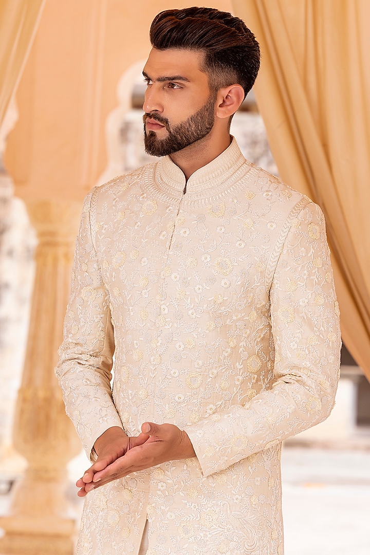 Cream Raw Silk Embroidered Groom Sherwani Set by AMIT ARORA at Pernia's Pop Up Shop