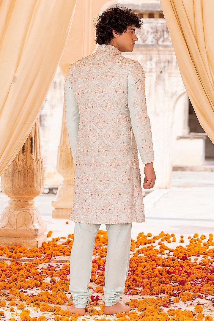 Teal Raw Silk Hand Embroidered Groom Sherwani Set by AMIT ARORA at Pernia's Pop Up Shop