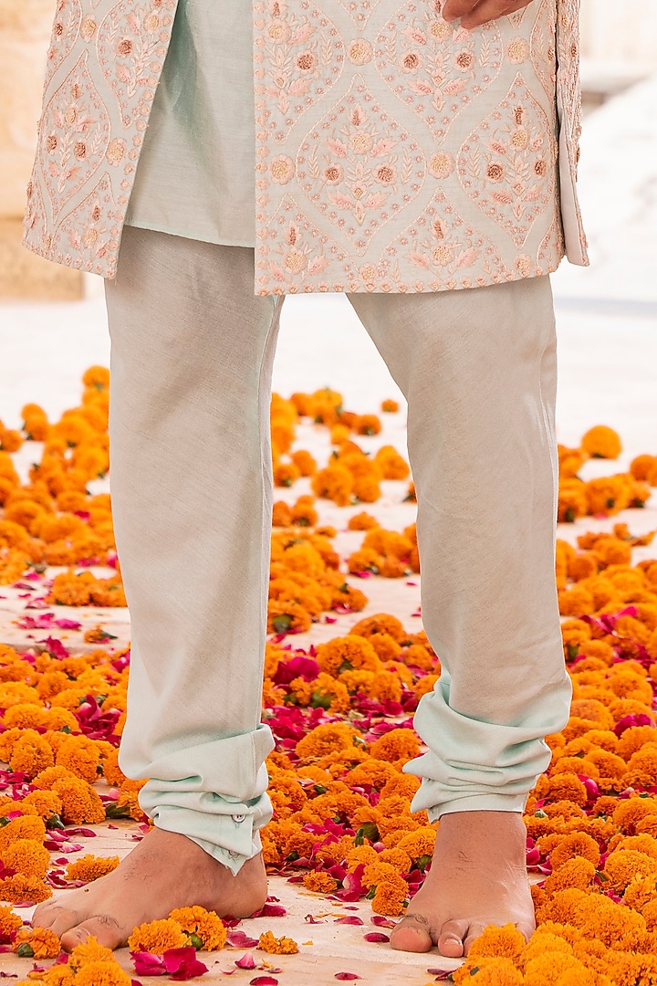 Teal Raw Silk Hand Embroidered Groom Sherwani Set by AMIT ARORA at Pernia's Pop Up Shop