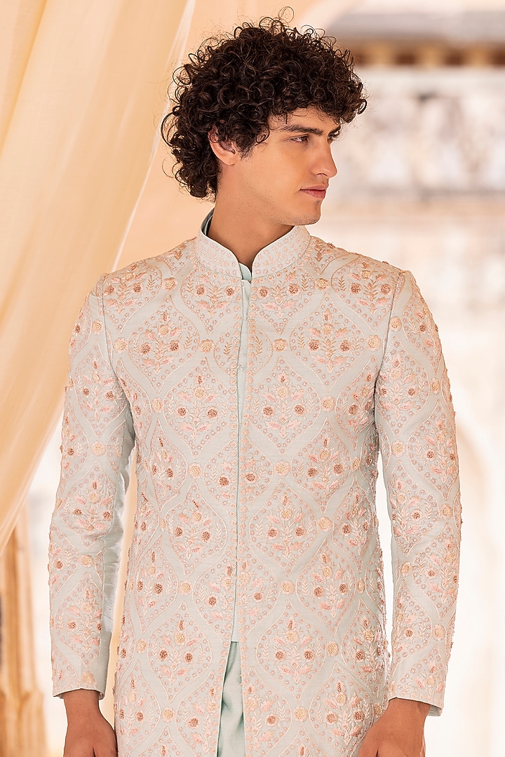 Teal Raw Silk Hand Embroidered Groom Sherwani Set by AMIT ARORA at Pernia's Pop Up Shop