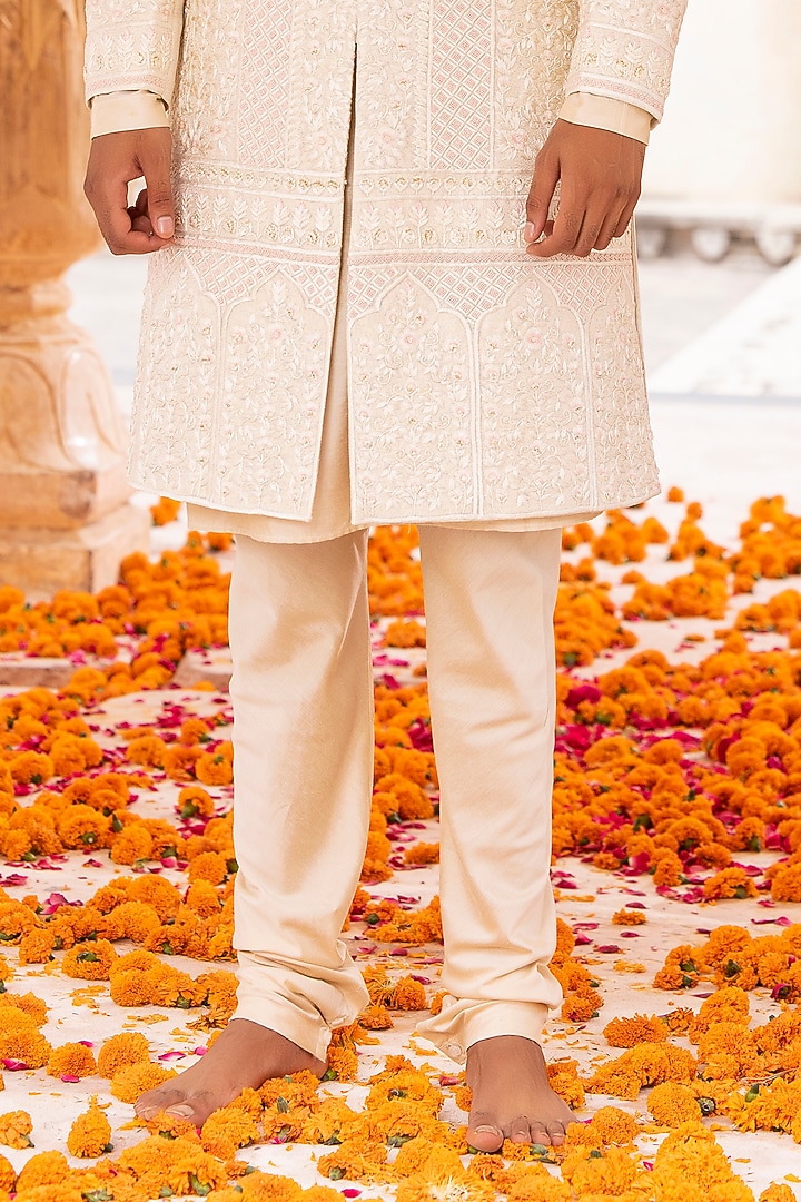 Cream Silk Jacquard Embroidered Groom Sherwani Set by AMIT ARORA at Pernia's Pop Up Shop