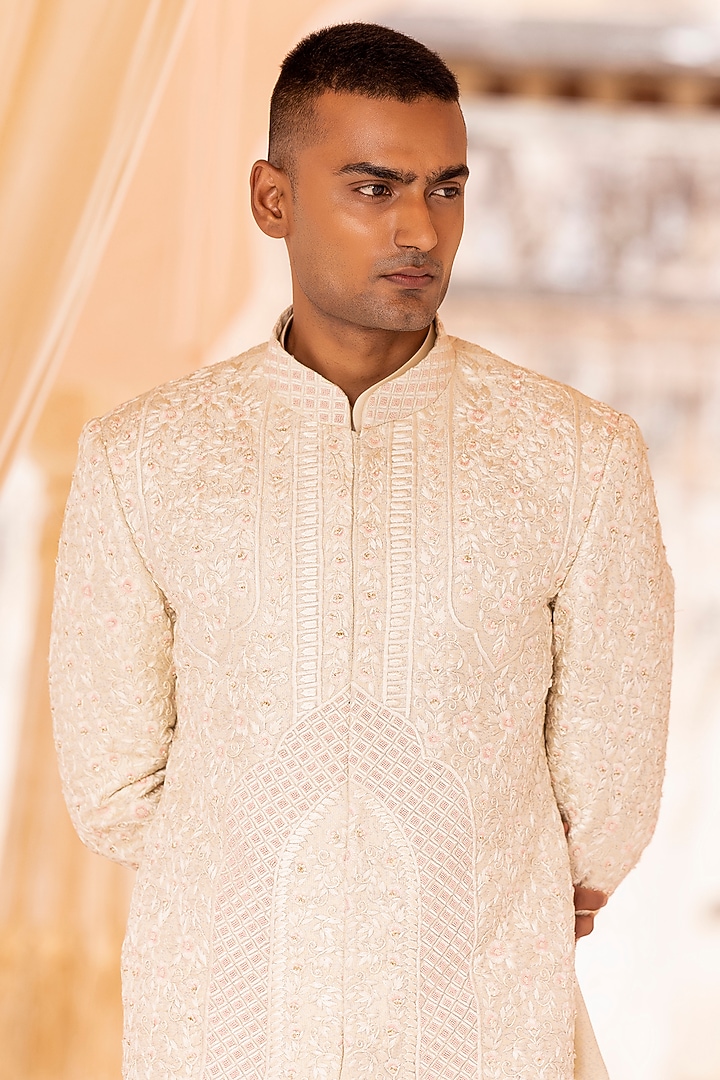 Cream Silk Jacquard Embroidered Groom Sherwani Set by AMIT ARORA at Pernia's Pop Up Shop