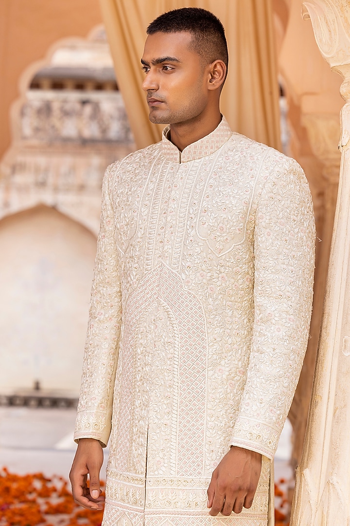 Cream Silk Jacquard Embroidered Groom Sherwani Set by AMIT ARORA at Pernia's Pop Up Shop