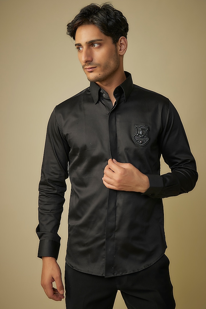 Black Cotton Lycra Shirt by AMIT ARORA at Pernia's Pop Up Shop