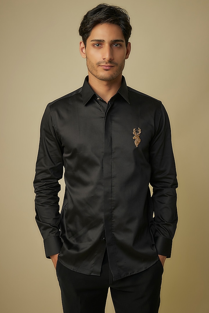 Black Cotton Lycra Motif Embroidered Shirt by AMIT ARORA at Pernia's Pop Up Shop