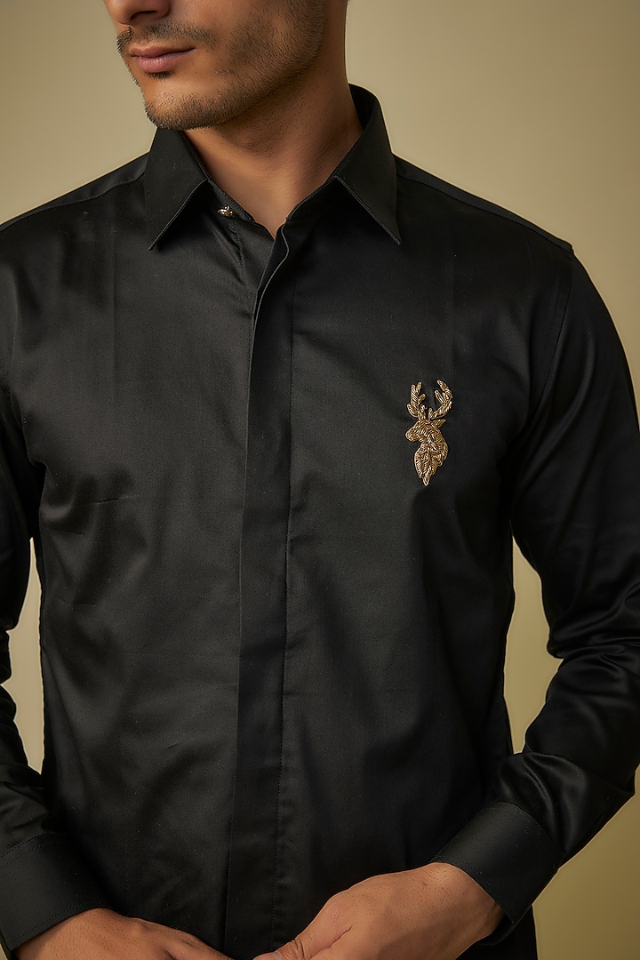 Black Cotton Lycra Motif Embroidered Shirt by AMIT ARORA at Pernia's Pop Up Shop