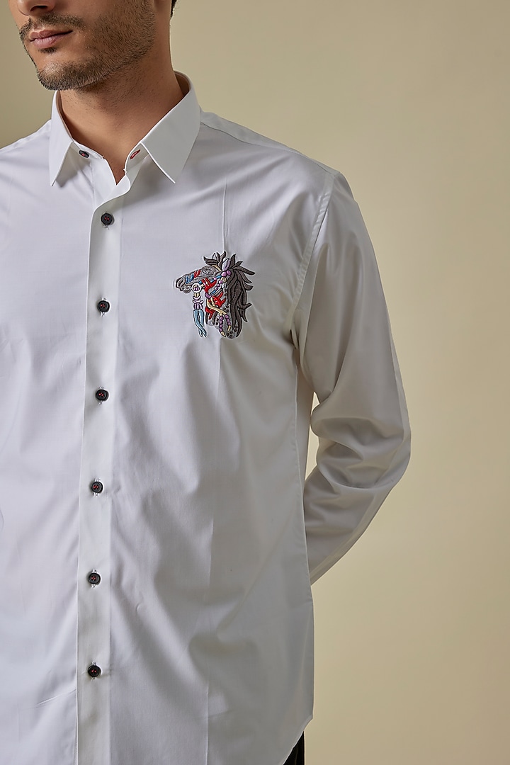 White Acetate Motif Embroidered Shirt by AMIT ARORA at Pernia's Pop Up Shop