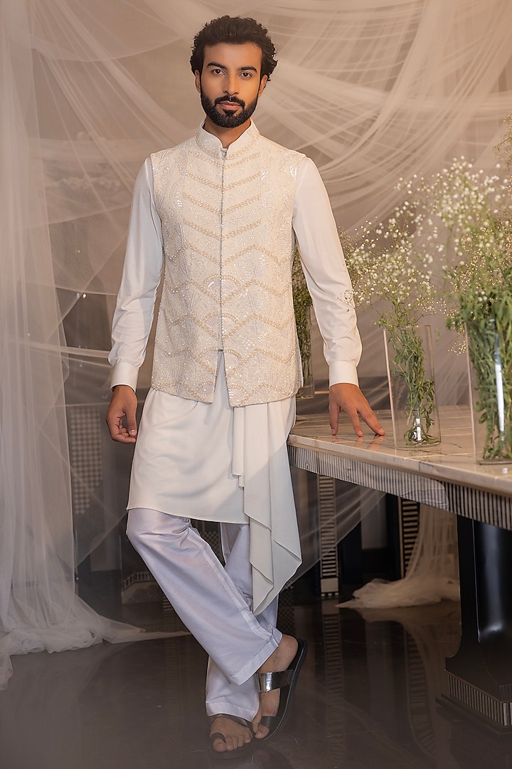 Ivory Matka Silk Hand Embroidered Waistcoat Set by AMIT ARORA