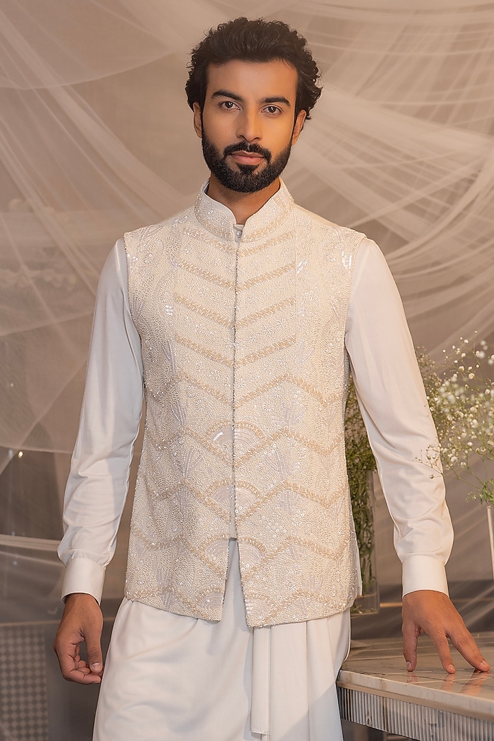 Ivory Matka Silk Hand Embroidered Waistcoat Set by AMIT ARORA at Pernia's Pop Up Shop
