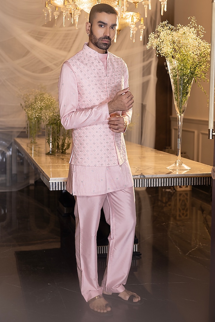 Baby Pink Banarasi Silk Hand Embroidered Waistcoat Set by AMIT ARORA