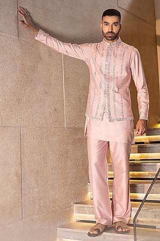 Baby Pink Silk Mirror Work Waistcoat Set by AMIT ARORA