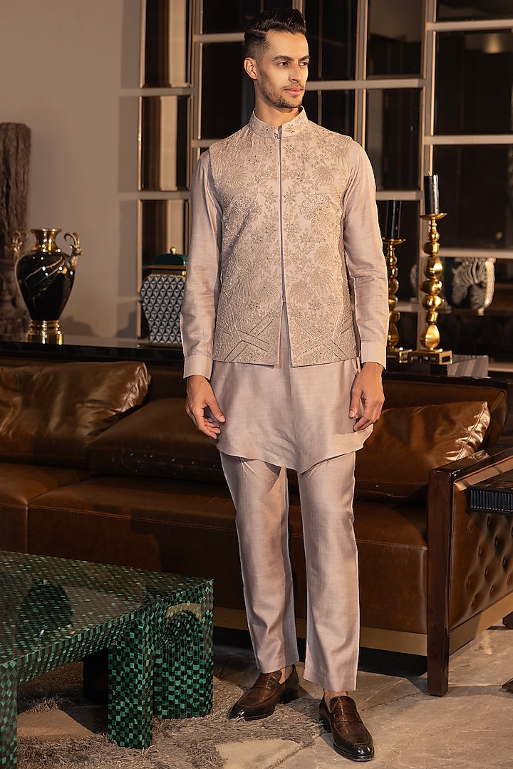 Mouse Moonga Silk Hand Embroidered Waistcoat Set by AMIT ARORA