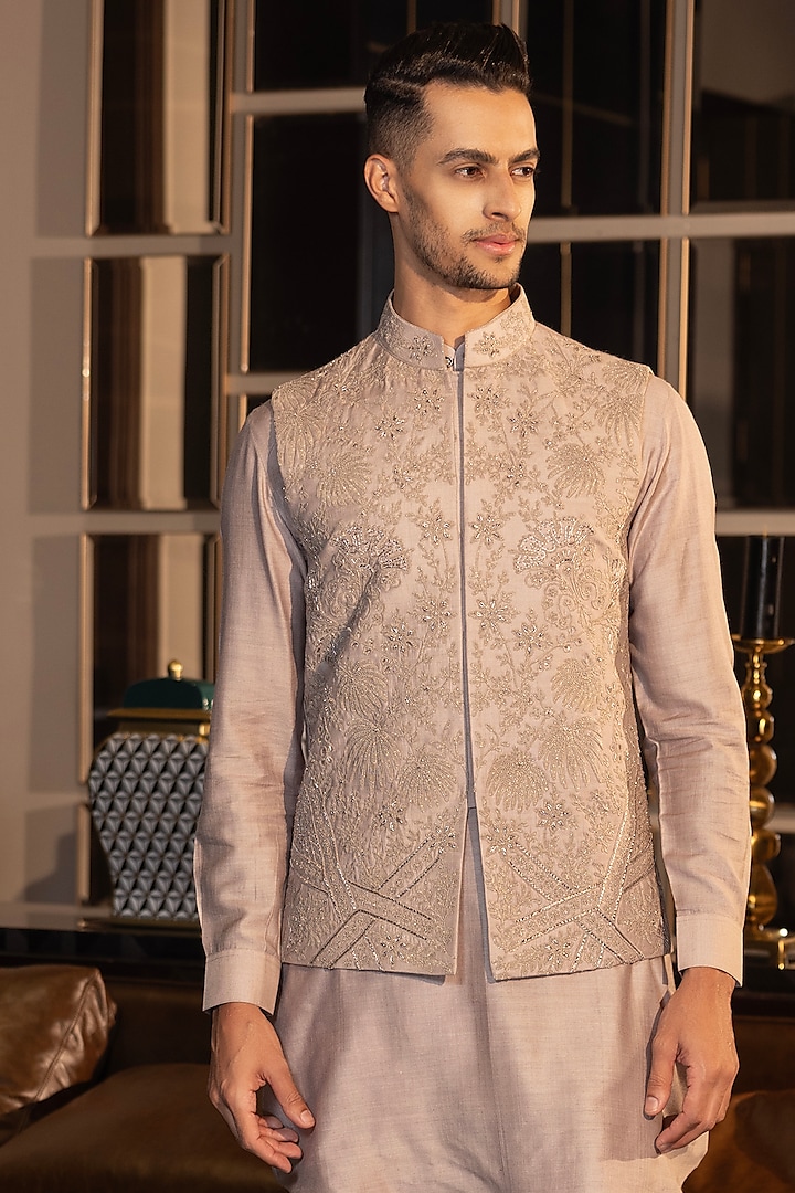 Mouse Moonga Silk Hand Embroidered Waistcoat Set by AMIT ARORA at Pernia's Pop Up Shop