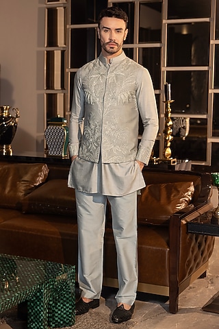 Mint Green Moonga Silk Hand Embroidered Waistcoat Set by AMIT