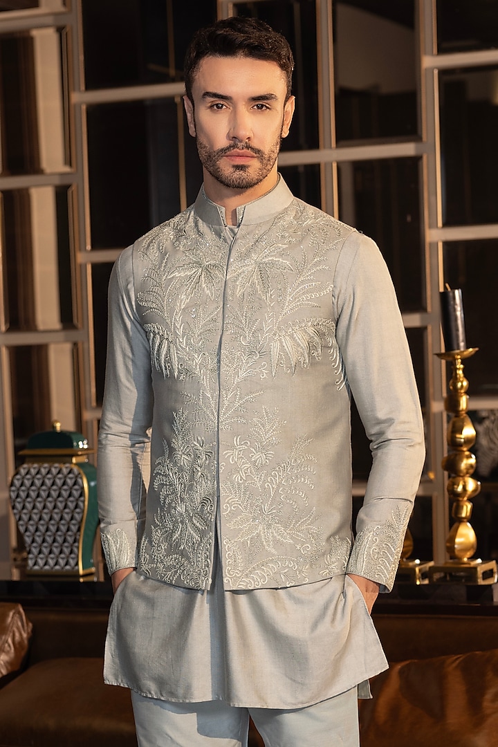 Mint Green Moonga Silk Hand Embroidered Waistcoat Set by AMIT ARORA at Pernia's Pop Up Shop