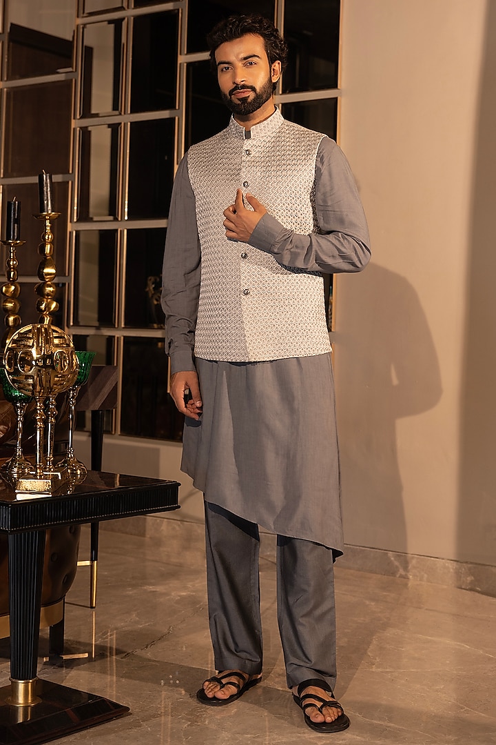 Grey Jacquard Hand Embroidered Waistcoat Set by AMIT ARORA