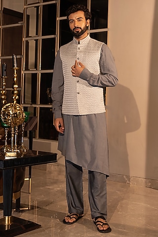 Grey Jacquard Hand Embroidered Waistcoat Set by AMIT ARORA