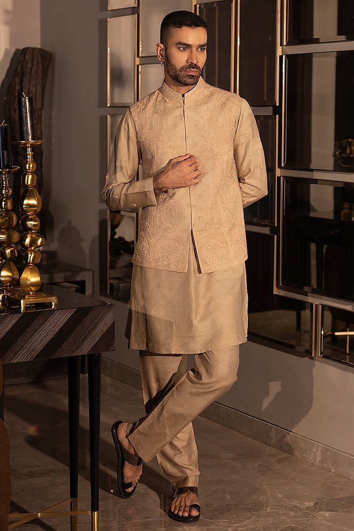 Khaki Moonga Silk Hand Embroidered Waistcoat Set by AMIT ARORA