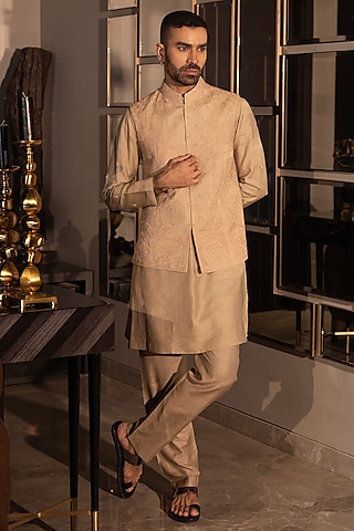 Khaki Moonga Silk Hand Embroidered Waistcoat Set by AMIT ARORA
