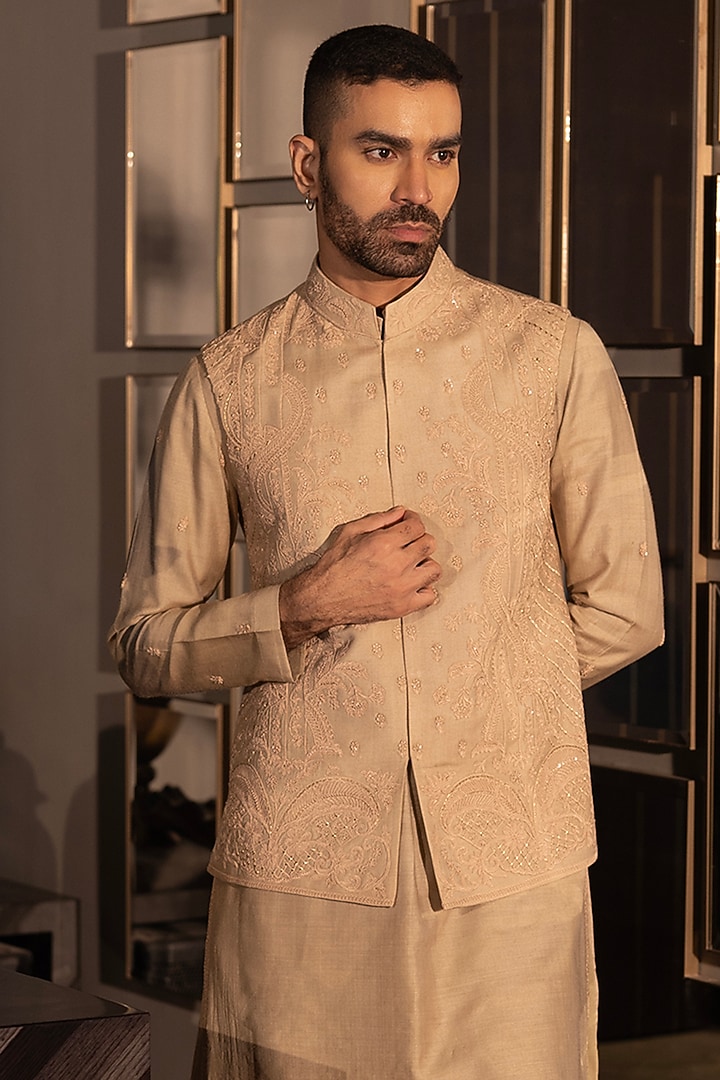 Khaki Moonga Silk Hand Embroidered Waistcoat Set by AMIT ARORA at Pernia's Pop Up Shop