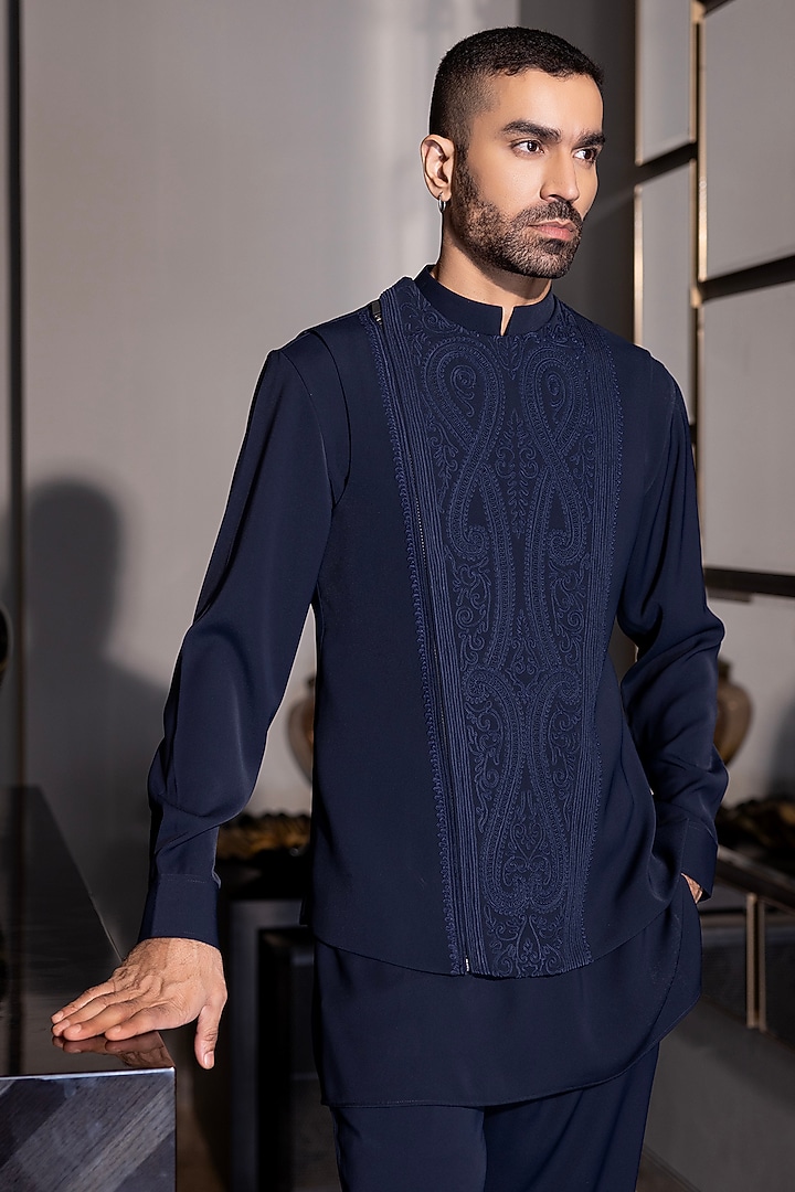Navy Blue Poly Knit Hand Embroidered Waistcoat Set by AMIT ARORA at Pernia's Pop Up Shop