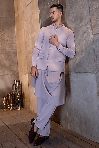 Onion Pink Poly Knit Hand Embroidered Waistcoat Set by AMIT ARORA