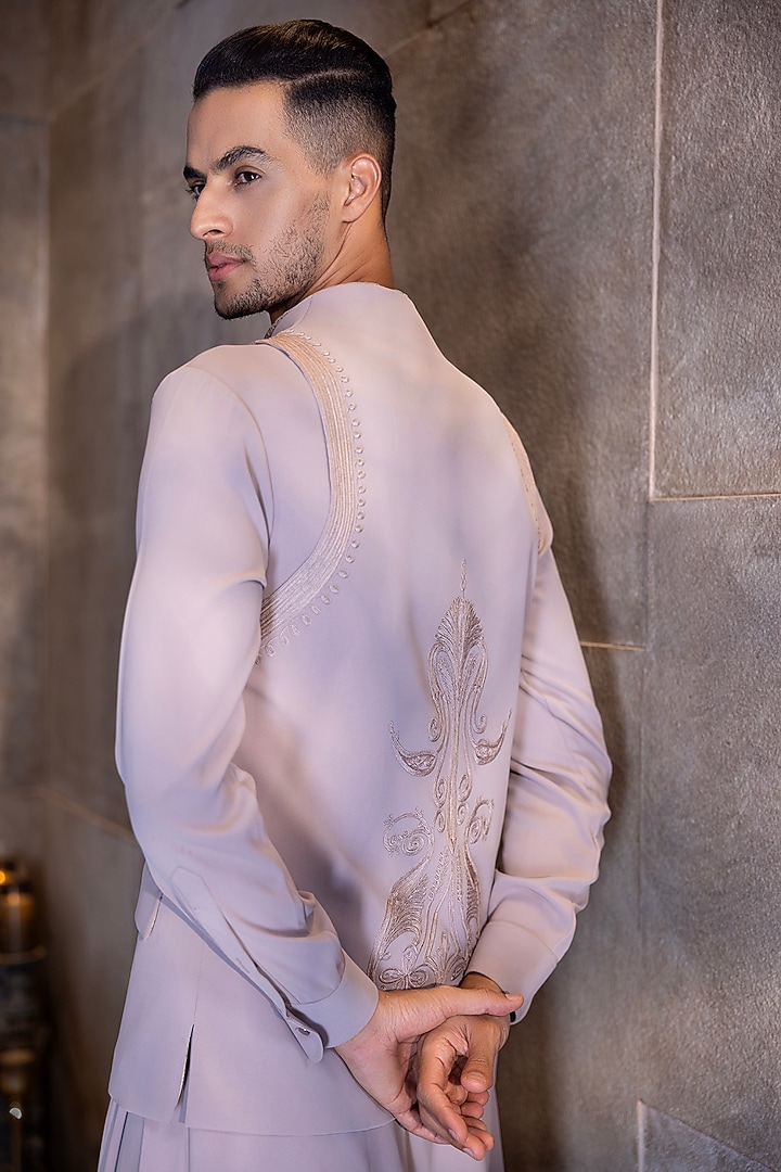 Onion Pink Poly Knit Hand Embroidered Waistcoat Set by AMIT ARORA at Pernia's Pop Up Shop