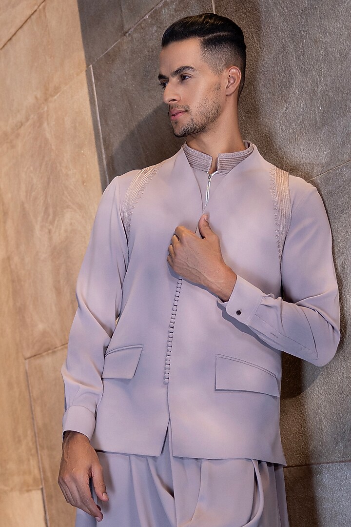Onion Pink Poly Knit Hand Embroidered Waistcoat Set by AMIT ARORA at Pernia's Pop Up Shop