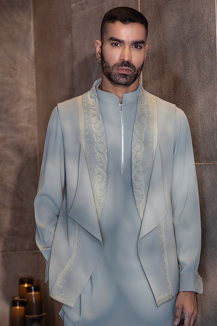 Pista Green Poly Knit Hand Embroidered Waistcoat Set by AMIT ARORA at Pernia's Pop Up Shop