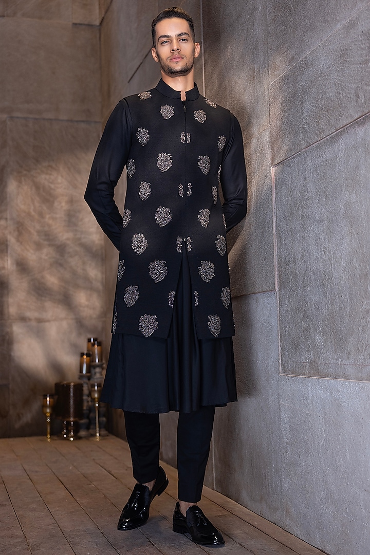 Black Textured Knit Hand Embroidered Waistcoat Set by AMIT ARORA at Pernia's Pop Up Shop