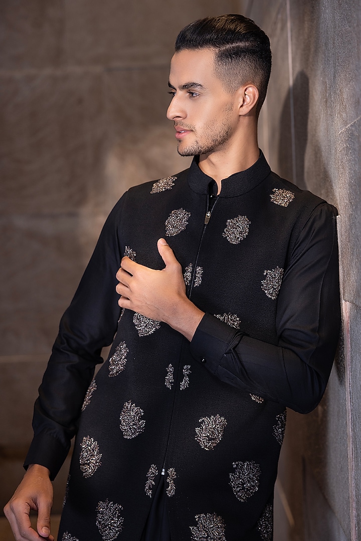 Black Textured Knit Hand Embroidered Waistcoat Set by AMIT ARORA at Pernia's Pop Up Shop