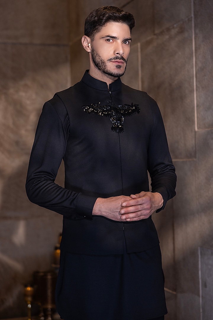Black Poly Knit Hand Embroidered Waistcoat Set by AMIT ARORA at Pernia's Pop Up Shop